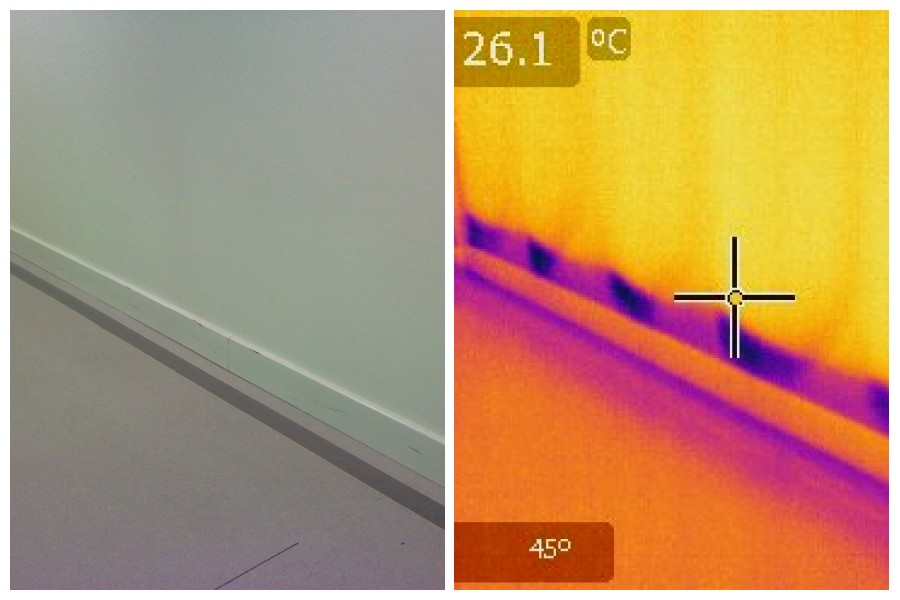 Thermal imaging showing wet insulation and plasterboard during school water damage restoration